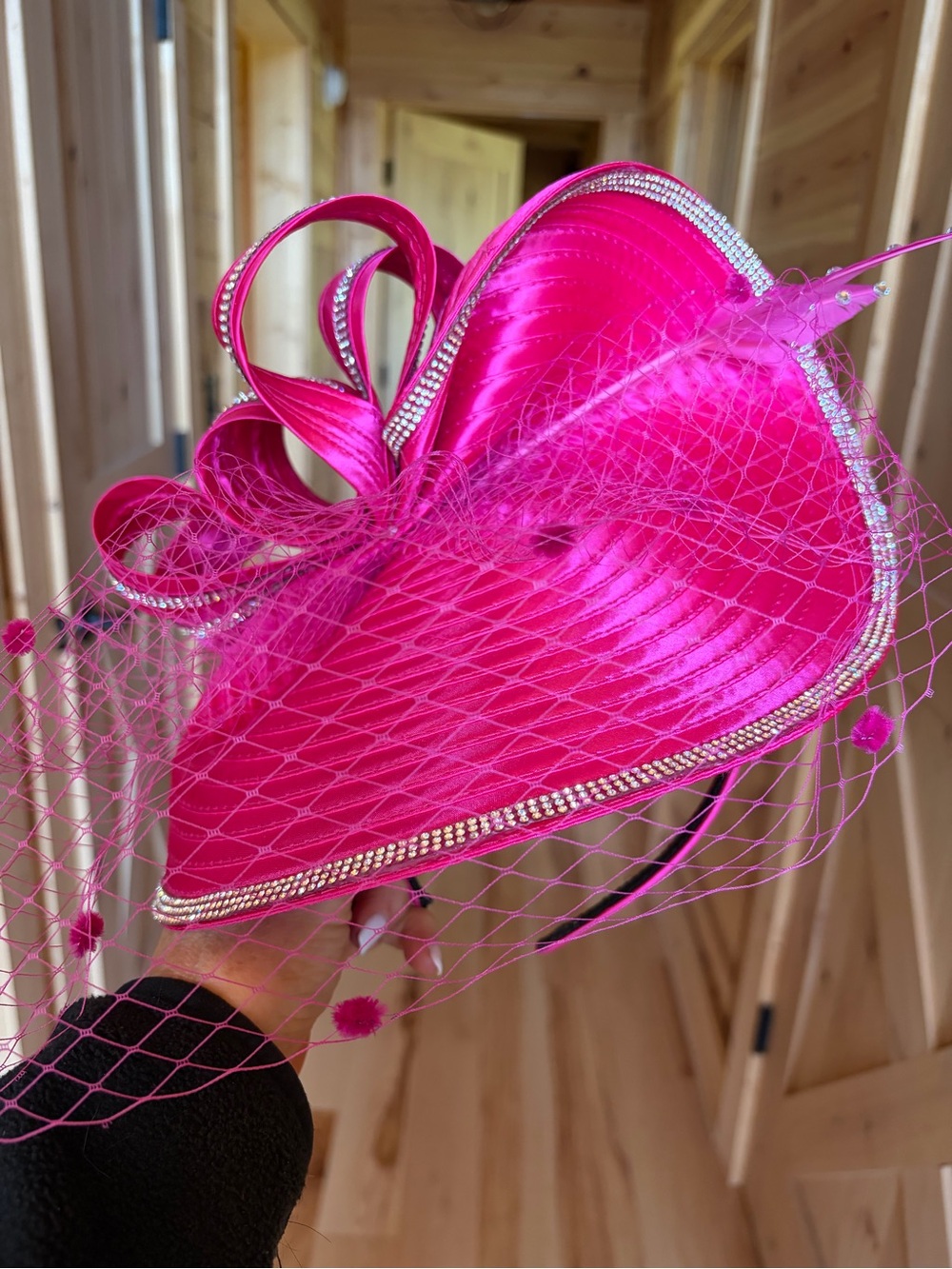 Hot Pink Satin Fascinator Hat with Veil